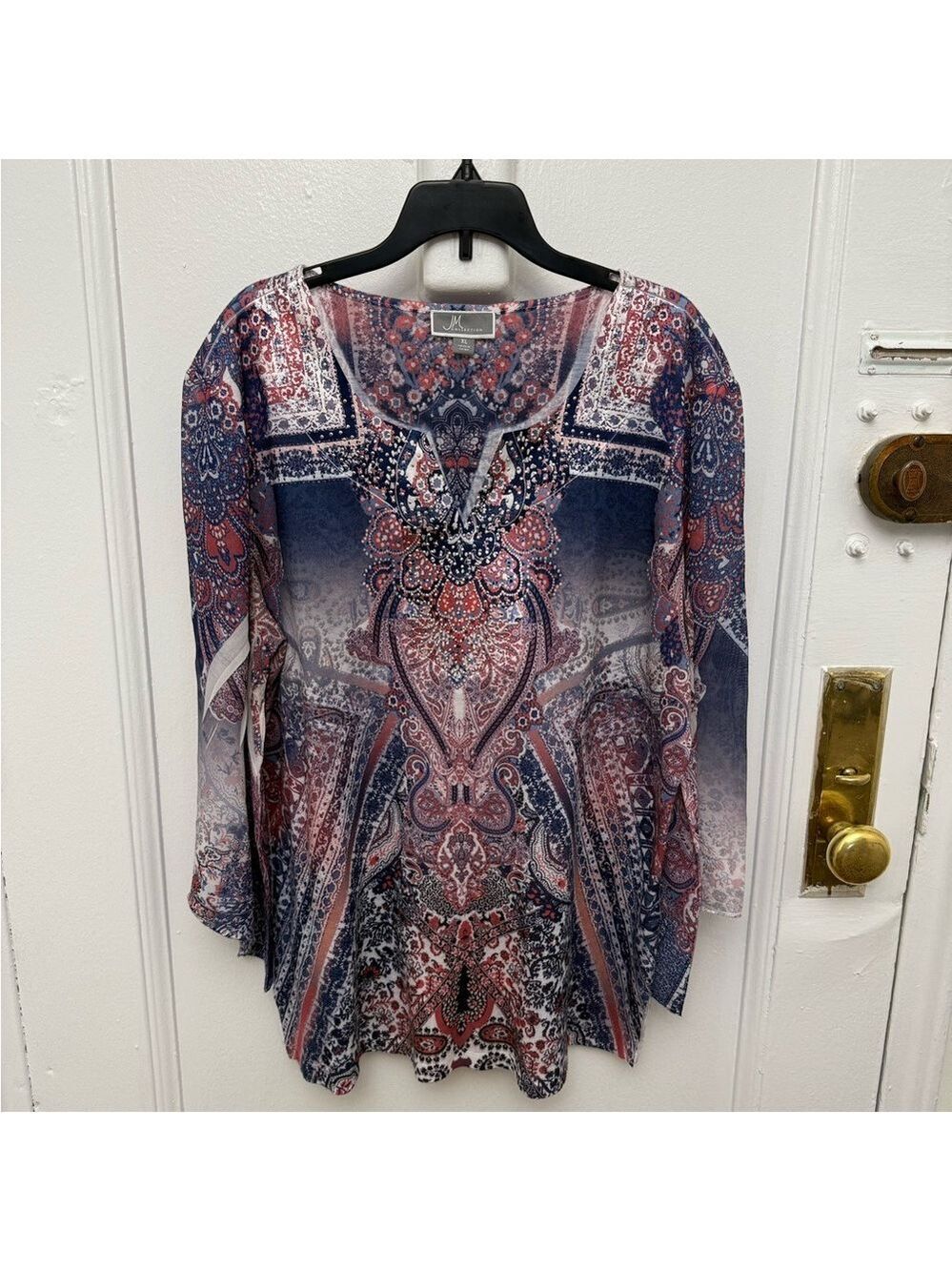 JM Collection Paisley Long Semi Sheer Sleeve Tunic Top Red White Blue Size XL